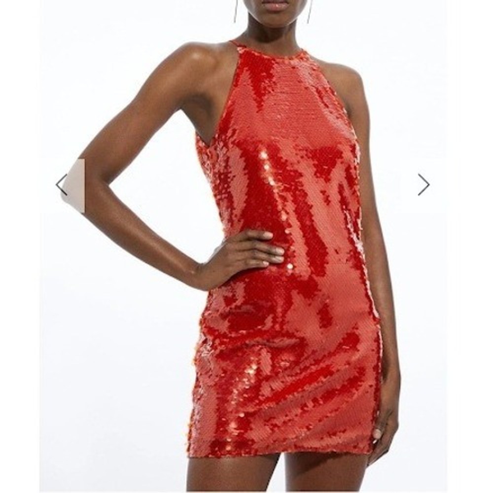 Karen Millen Red Sequin Halter Neck Mini Dress Party Glam Size 2 Flirty Romantic